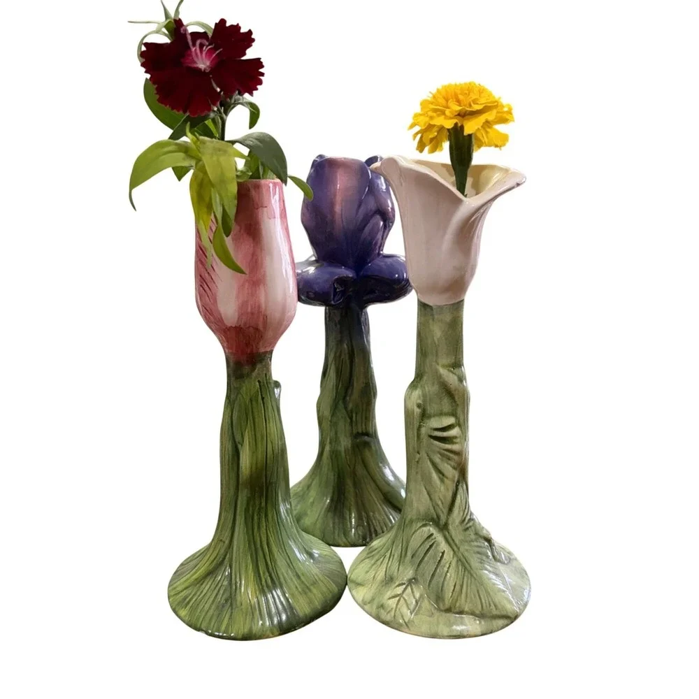 Set of 3 Bud Vases Hand-Painted Ceramic Floral Green Leafy Stems 7.5